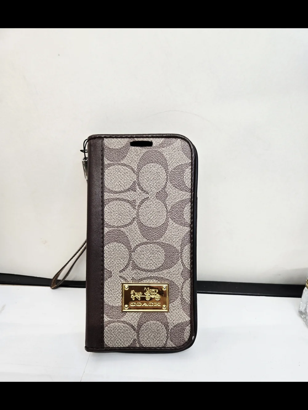 Coach Gold Plaque Signature Canvas Wallet in Beige and Taupe
